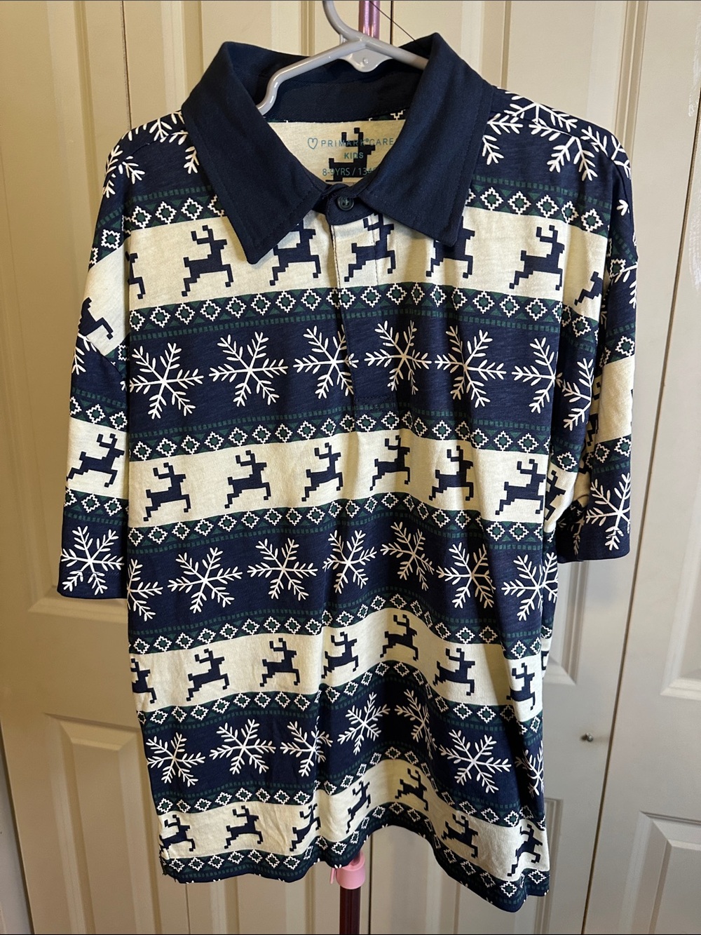 Primark Kids Navy & Cream Reindeer Snowflake Polo Pajama Top